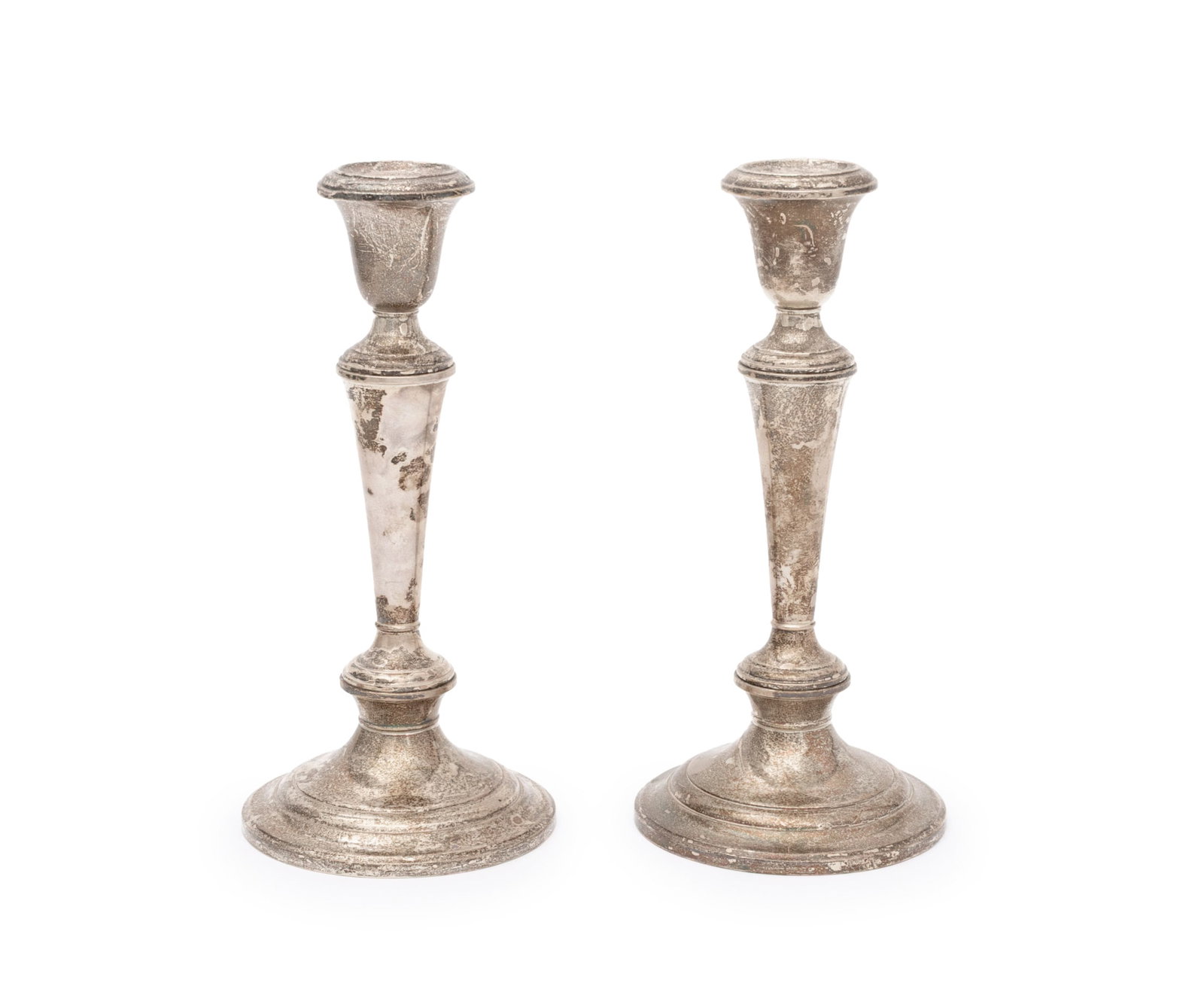Gorham Sterling Silver Weighted Candlesticks, Pair: Pair of Gorham Sterling Silver Weighted Candlesticks, marked to underside. Silver not weighable. 9.25" H x 4.5" Diameter. Provenance: From a New Mexico Collection. Keywords: Vintage Silver,