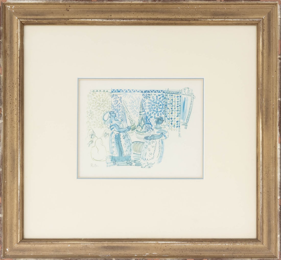 After Raoul Dufy "La Pastilla" Offset Lithograph: After Raoul Dufy (French, 1877-1953), "La Pastilla", Offset Lithograph in Colors, initialed in print "R.D." lower left, silvered wood frame. Image: 5.25" H x 7.5" W; frame: 17.75" H x 19.25" W x 1"