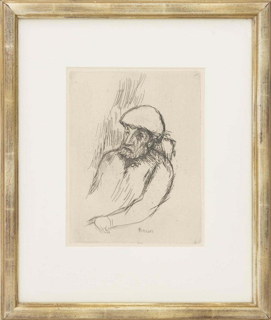 Pierre Bonnard "Portrait of Renoir" Etching: Pierre Bonnard (French 1867-1947), "Portrait of Renoir", Etching, signed in plate lower right, silvered wood frame. Plate: 10" H x 7.75" W; frame: 18.75" H x 15.75" W x 1" D. Provenance: From a New