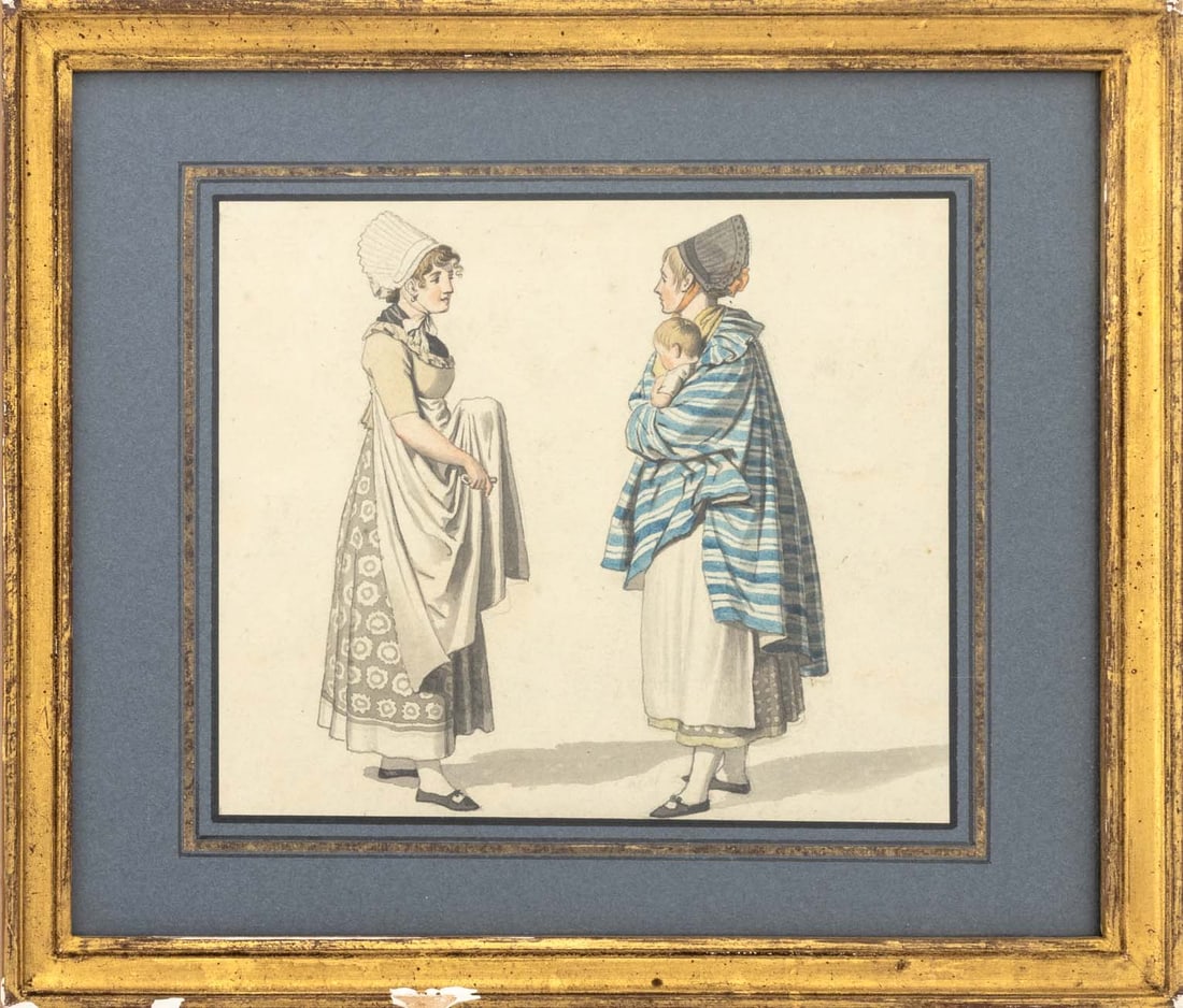French School Fashion Illustration, 19th C.: French School, Provincial Fashion Illustration, Watercolor on Paper, 19th century, unsigned, giltwood frame. Image: 5" H x 6" W; frame: 8.25" H x 9.75" W x 0.75" D. Provenance: From the Estate of