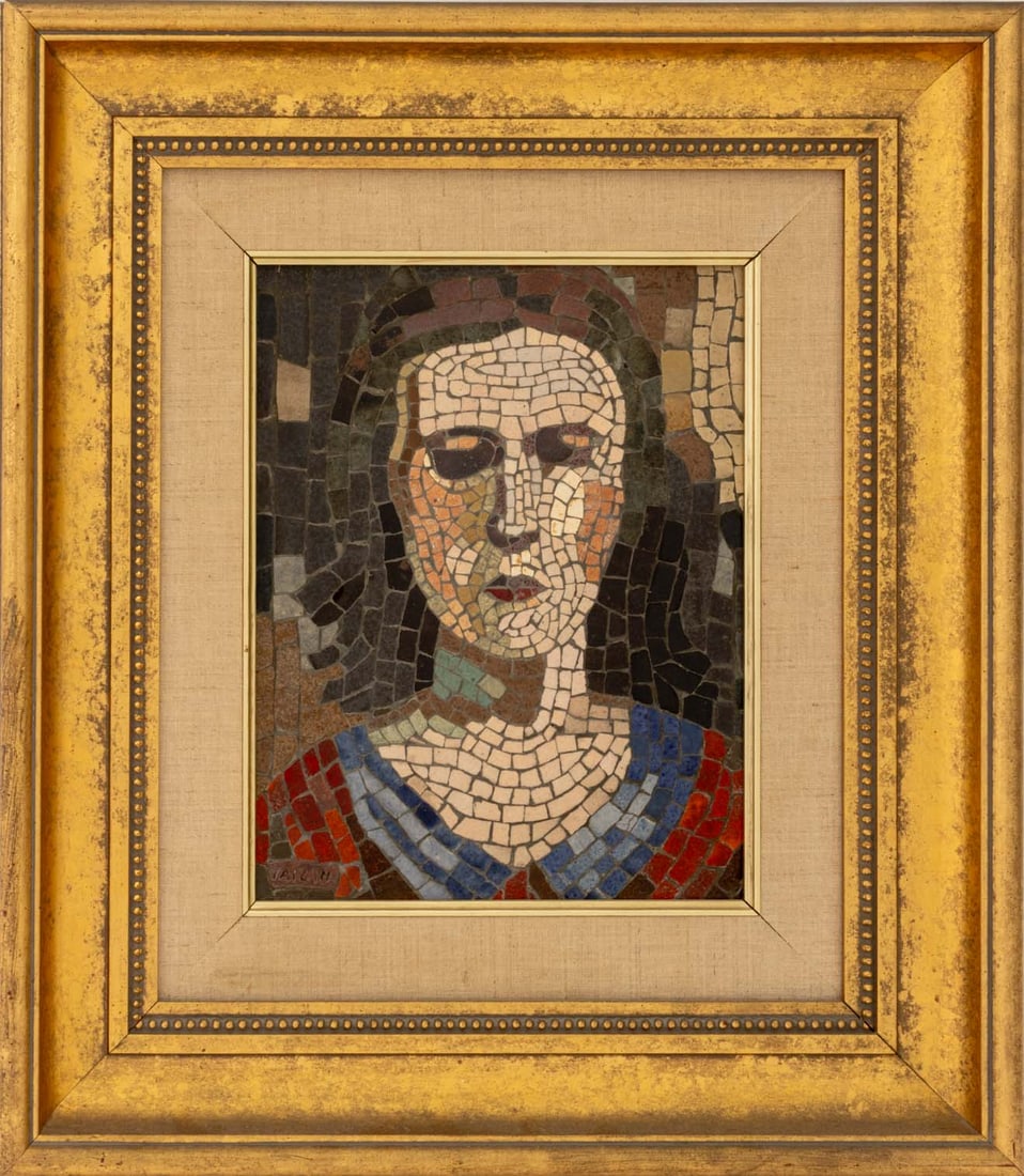 Taizan Tile Portrait of a Woman Mosaic Panel: Taizan Tile Portrait of a Woman Mosaic Panel, mid-20th century, marked "Taizan" lower left, giltwood frame. Image: 11.5" H x 9" W; frame: 21.5" H x 18.5" W x 2" D. Provenance: From an Upper West Side,