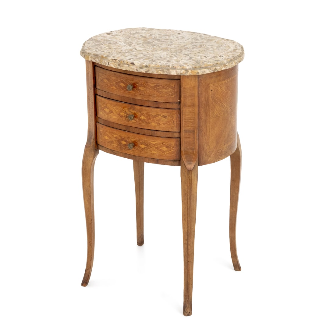 Louis XVI Style Marble & Walnut End Table, 19th C.: Louis XVI Style Marble Topped Walnut Side Table, 19th century, with three drawers on four tapered legs. 28" H x 18.25" W x 14" D. Provenance: A Brooklyn Heights, New York Estate. Keywords: Antique Fur