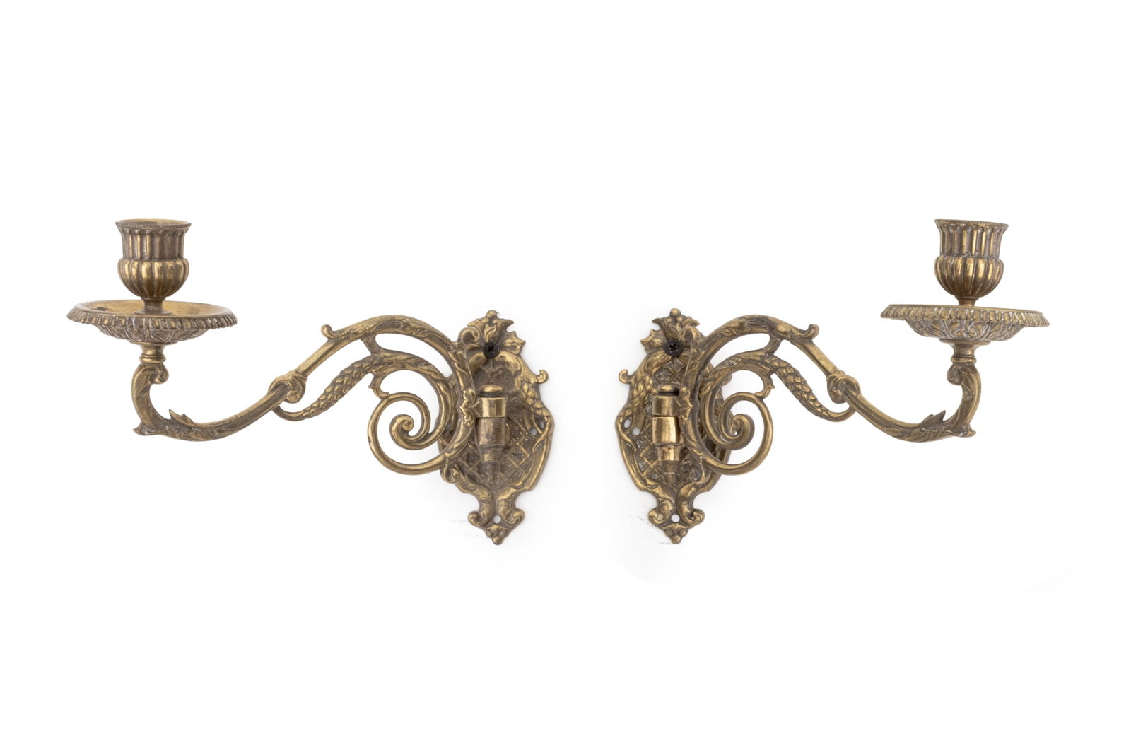 Empire Style Brass Swing-Arm Wall Sconces, Pair: Pair of French Empire Style Brass Swing-Arm Wall Sconces. Fully extended: 5.75" H x 9" W x 3" D. Provenance: From an East 79th Street Estate. Keywords: Ormolu, Candelabra, Candelabrum, Appliques, Ligh