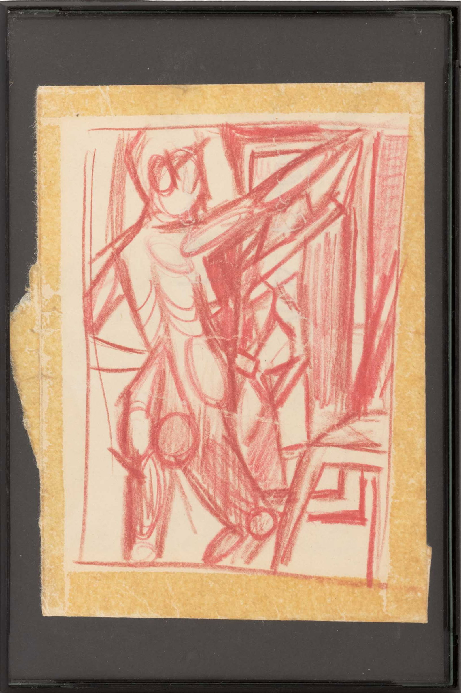 Marion Rothenberg Cubist Figure Study, ca. 1945: Marion Rothenberg (American, 1923-2025), Post-Cubist Nude Figure Study, Red Crayon on Paper, circa 1945, unsigned, black frame. Image: 4" H x 2.75" W; frame: 6.25" H x 4.25" W x 0.75" D. Provenance: T