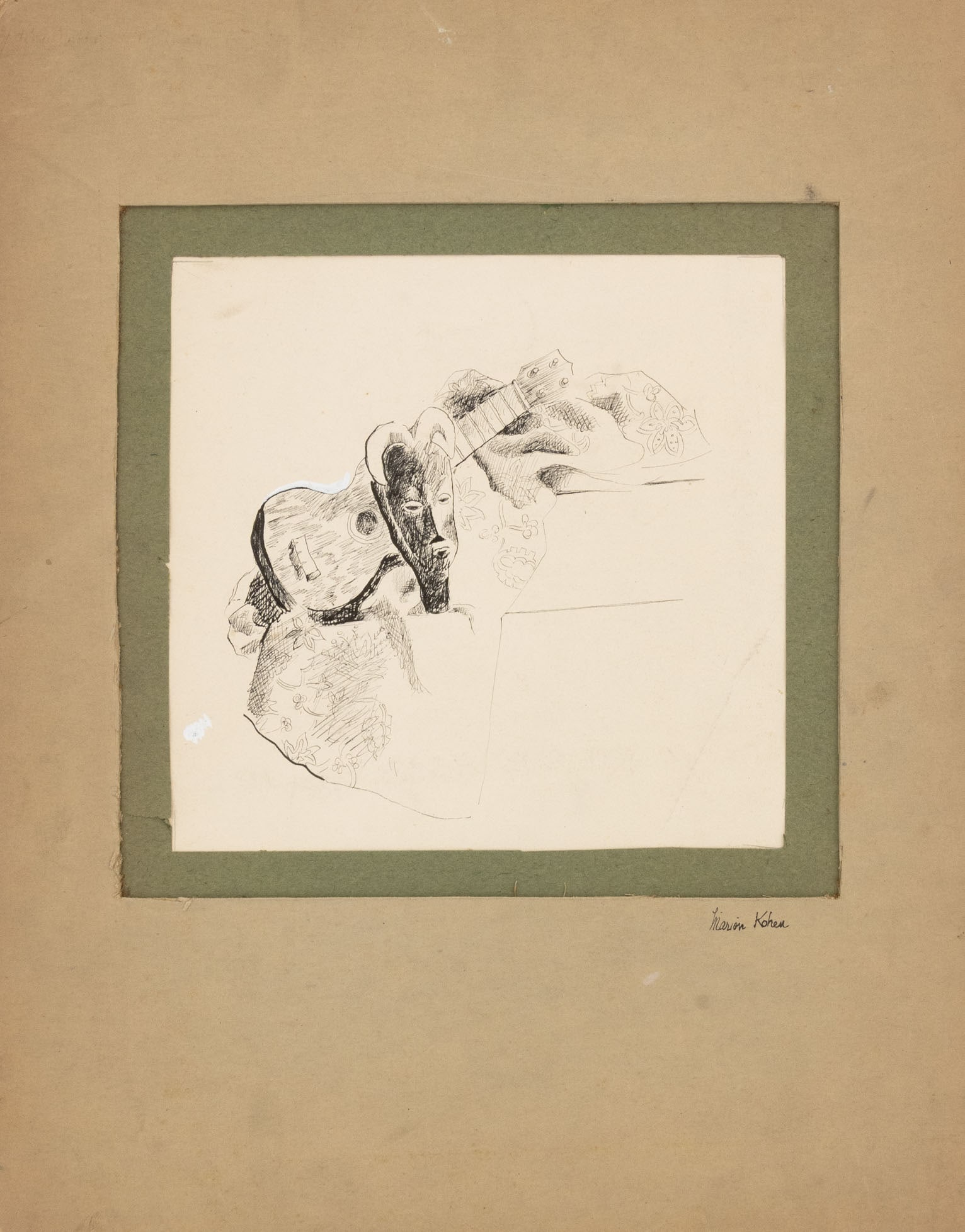 Marion Rothenberg Mask & Guitar Ink, ca. 1945: Marion Rothenberg (American, 1923-2025), African Mask and Acoustic Guitar Still Life Scene, Ink on Paper with Gouache Highlights, circa 1945, signed "Marion Kohen" lower right of mat, unframed. Image: