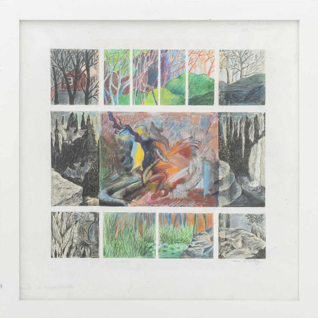 Marion Rothenberg Bats & Landscape Scene Vignettes: Marion Rothenberg (American, 1923-2025), Bats and Landscape Scene Vignettes, Crayon Pastel on Paper, signed in pencil lower right, white frame. Image overall: 13.25" H x 13.25" W; frame: 20" H x 20" W