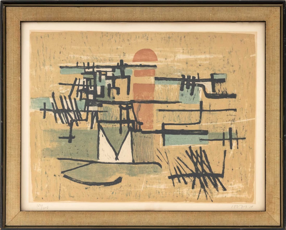 Georges Item "Maritime Landscape" Lithograph: Georges Item (Swiss, 1927-1990), "Maritime Landscape", Lithograph in Colors on Paper, 1958, numbered edition "182/200" lower left, signed and dated lower right, ebonized frame. Image: 13.75" H x 18" W
