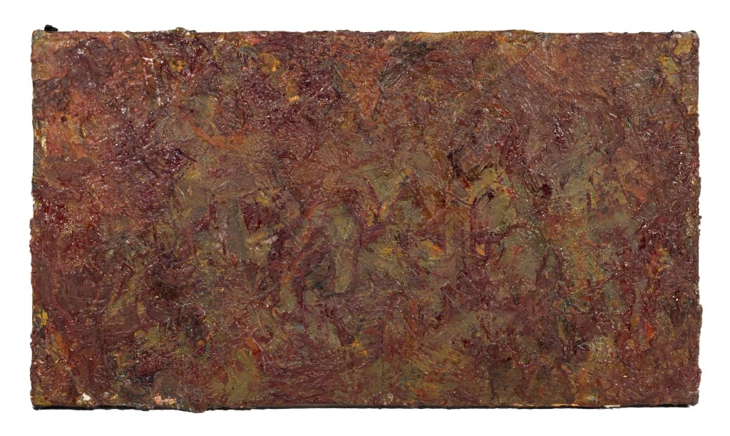Andy Miller Abstract Composition Oil on Canvas: Andy Miller (American, b. 1950), Abstract Composition, Oil on Canvas, impasto details, cool maroon over green brown, unsigned, artist's studio stamp verso, unframed. 9" H x 16" W. Provenance: From the