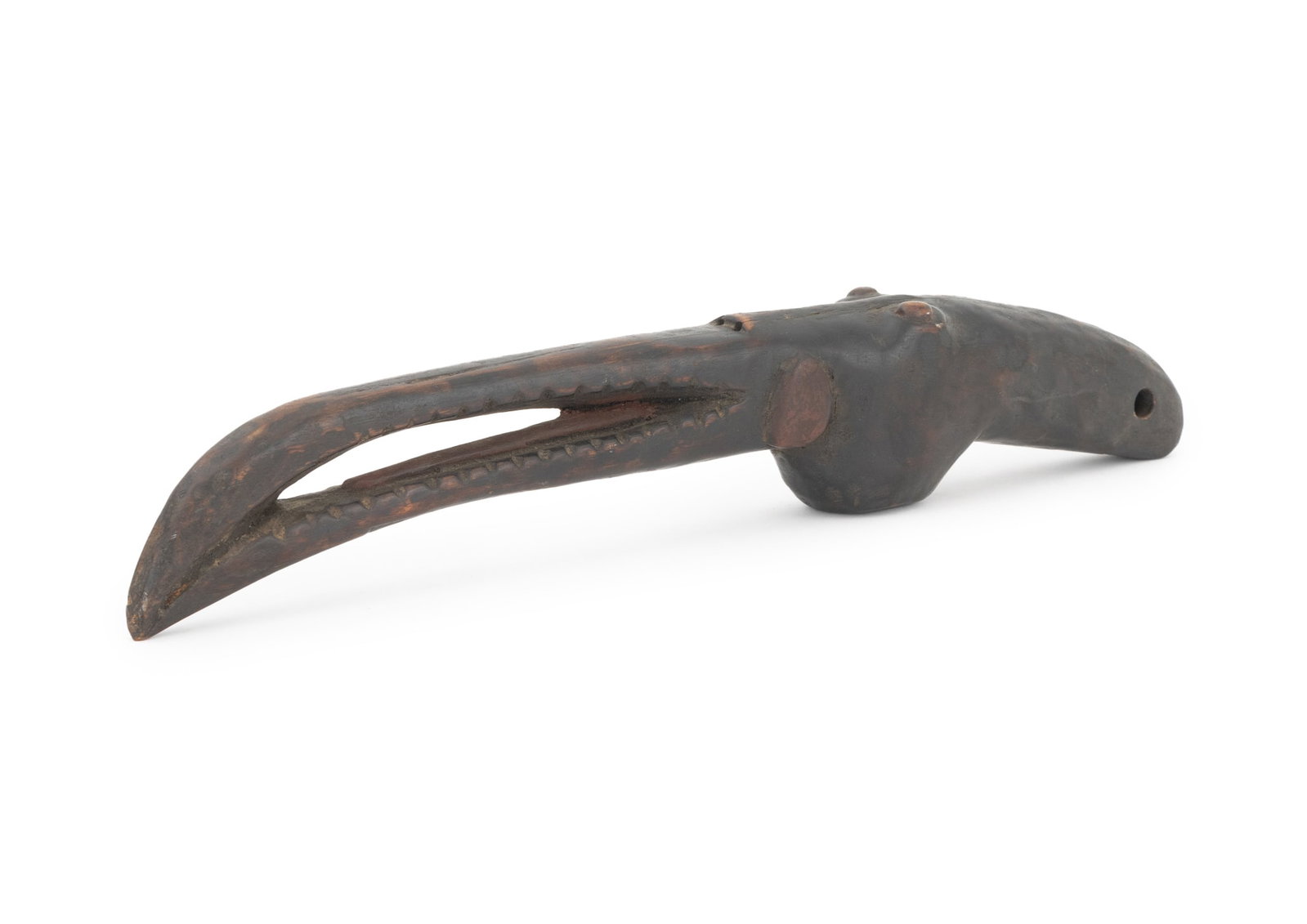 African Carved Wood Bird Head Form Staff Finial: African Carved Wood Bird Head Form Ceremonial Staff Finial, 20th century, possibly Congolese, the avian with partially open elongated beak. 13.75" L x 1.75" W x 2.5" D. Provenance: From a New York Cit