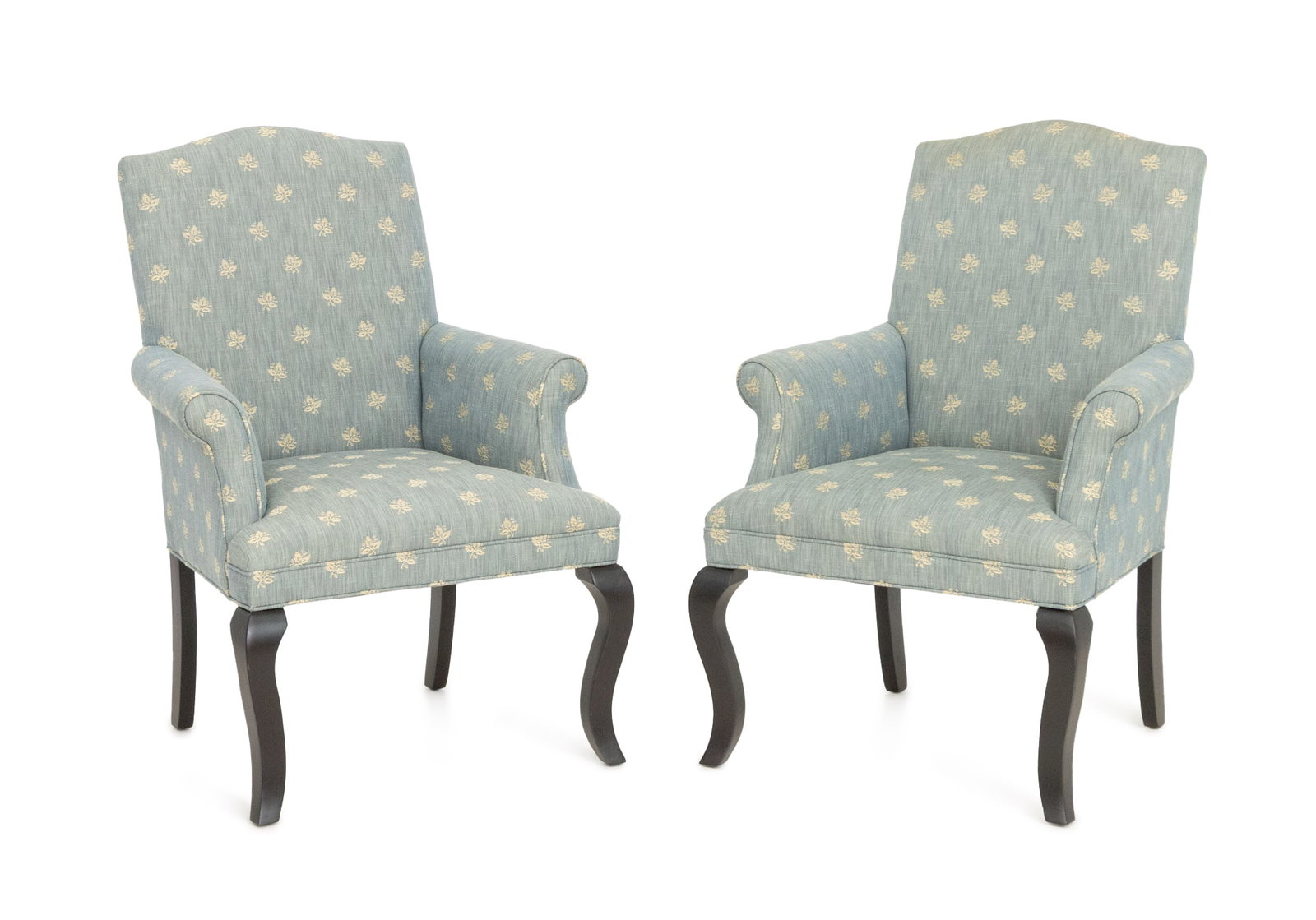 Mitchell Gold Blue Upholstered Armchairs, Pair: Pair of Mitchell Gold Blue Fabric Upholstered Arm Chairs, each with label to underside and upon ebonized cabriole legs. 40" H x 28" W x 23" D; seat: 19" H. Provenance: From a Tarrytown, New York Estat