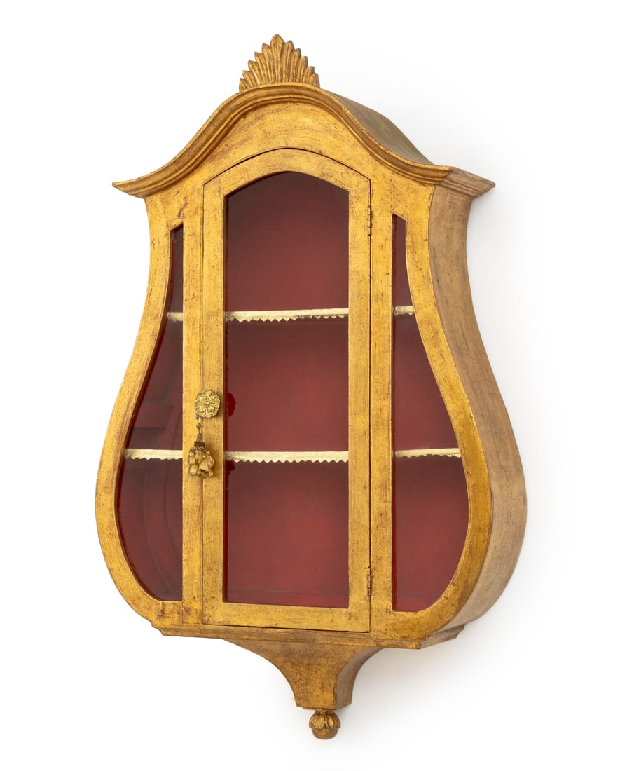 Neoclassical Style Giltwood Wall-Hanging Vitrine: Italian Neoclassical Style Giltwood Wall-Hanging Vitrine Cabinet, lyre form with single glass-paneled door opening to three shelves and red-lined interior, "Made in Italy" label to reverse. 44" H x 26