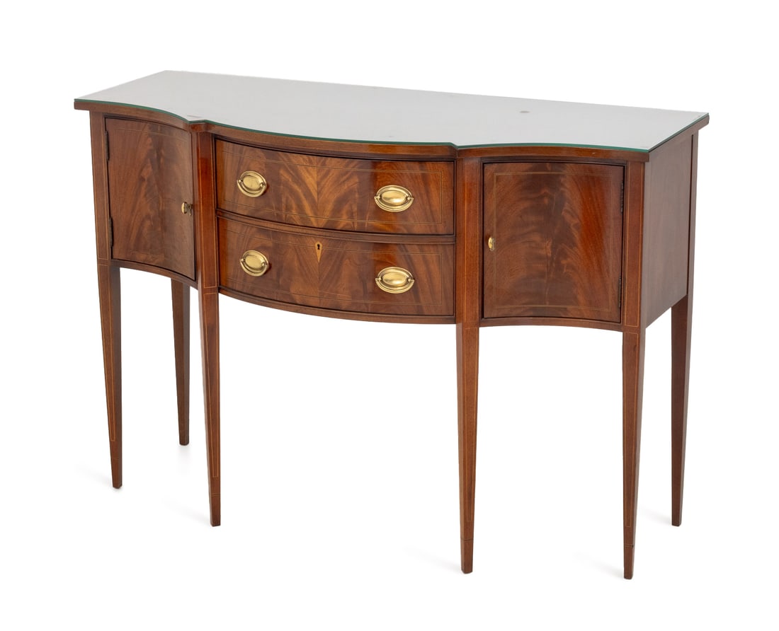 Hickory Chair Flame Mahogany Sideboard: Hickory Chair Company Flame Mahogany Sideboard, with string inlay, two central drawers flanked by two cabinets mounted on six tapered legs, with "Hickory Chair" and "Historical James River Plantations