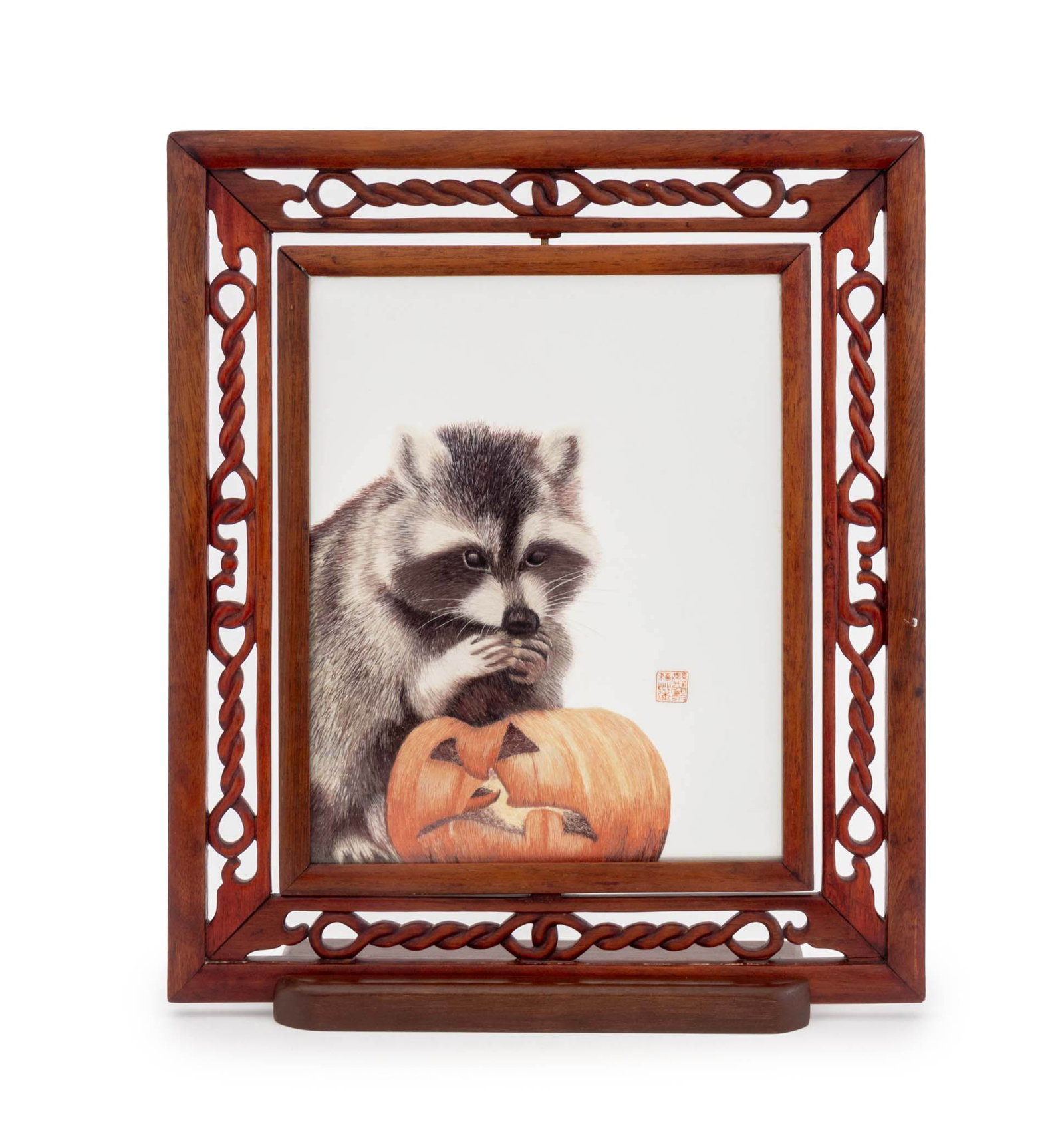 Chinese Raccoon and Jack-o-Lantern Silk Screen: Chinese School Raccoon and Jack-o-Lantern Scene Silk Embroidery Screen, chop seal mark lower left, mounted in articulated free-standing frame. Image: 10.25" H x 8.25" W; frame: 15.25" H x 13.25" W x 3