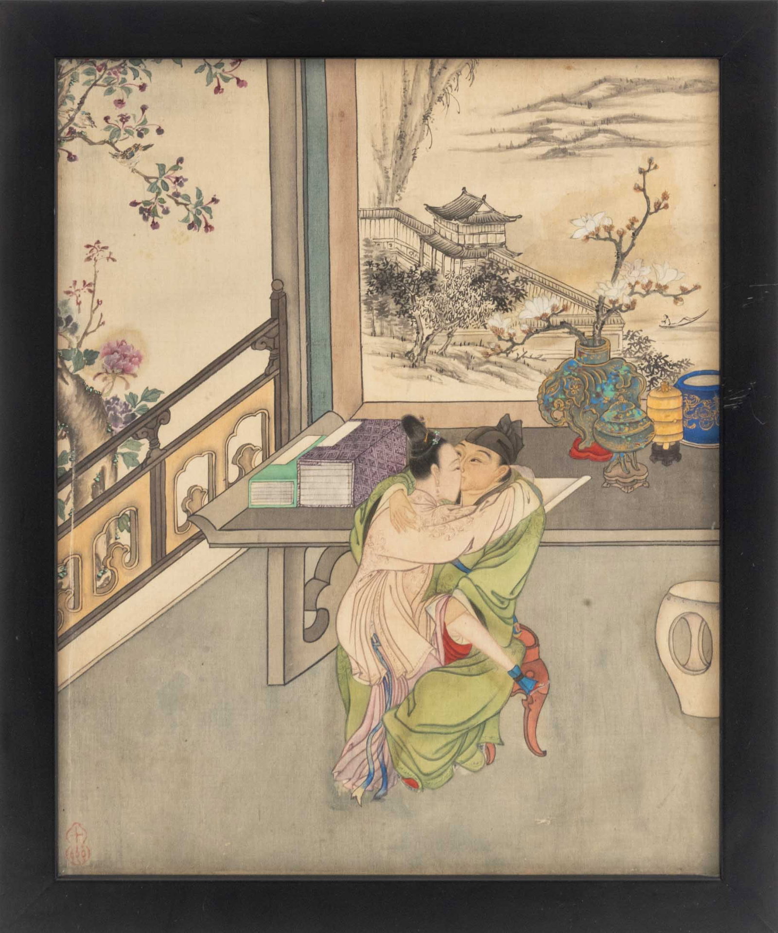 Chinese Erotic Scene of a Couple Gouache on Silk: Chinese School, Erotic Scene of a Couple, Gouache on Silk, double gourd mark lower left, black frame. Image: 10.5" H x 8.5" W; frame: 12.25" H x 10.25" W x 0.75" D. Provenance: From a Tribeca Estate. 