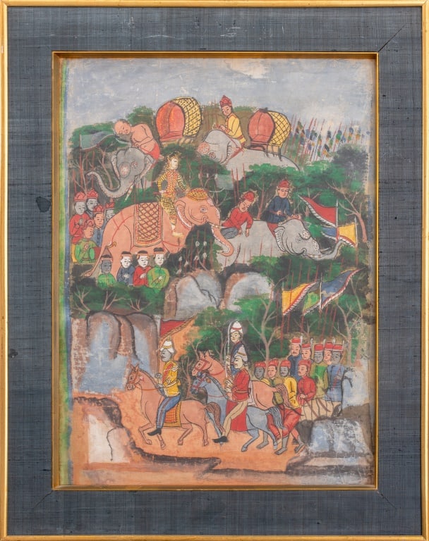 Southeast Asian Battle Scene Painting, ca. 1900: Southeast Asian School, Battle Scene Painting, Gouache on Linen, circa 1900, giltwood frame. Image: 24" H x 17.5" W; frame: 30" H x 23.75" W. Provenance: From the collection of Le Lieu and Malcolm Bro