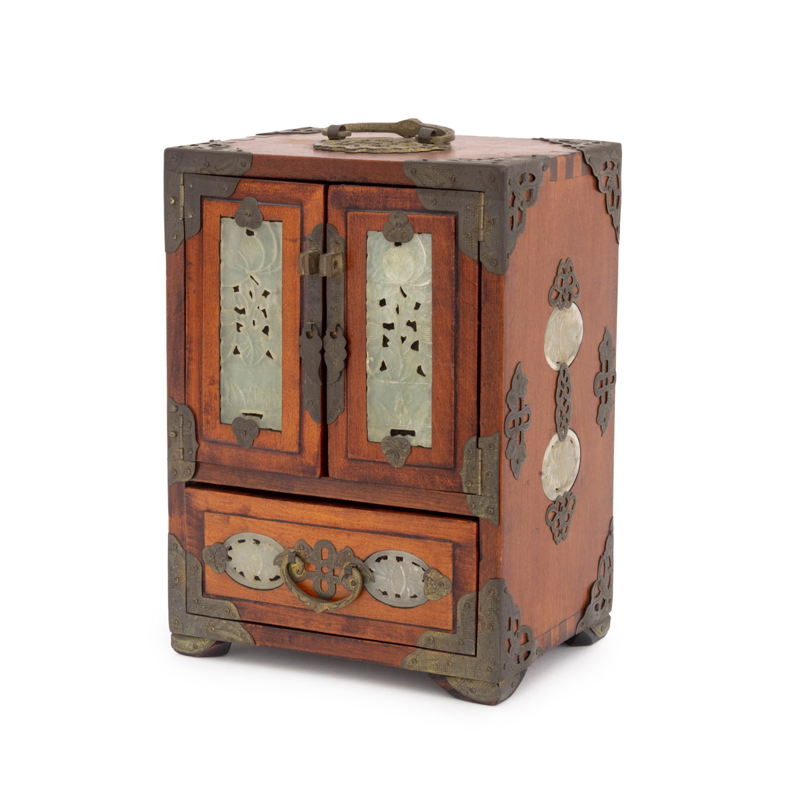 Chinese Jade Mounted Wood Jewelry Cabinet: Chinese Carved Jade Plaque and Brass Mounted Wood Jewelry Cabinet, with two doors opening to three drawers above a deep drawer with secret compartment. 10" H x 6.75" W x 5.75" D. Provenance: A Brookly
