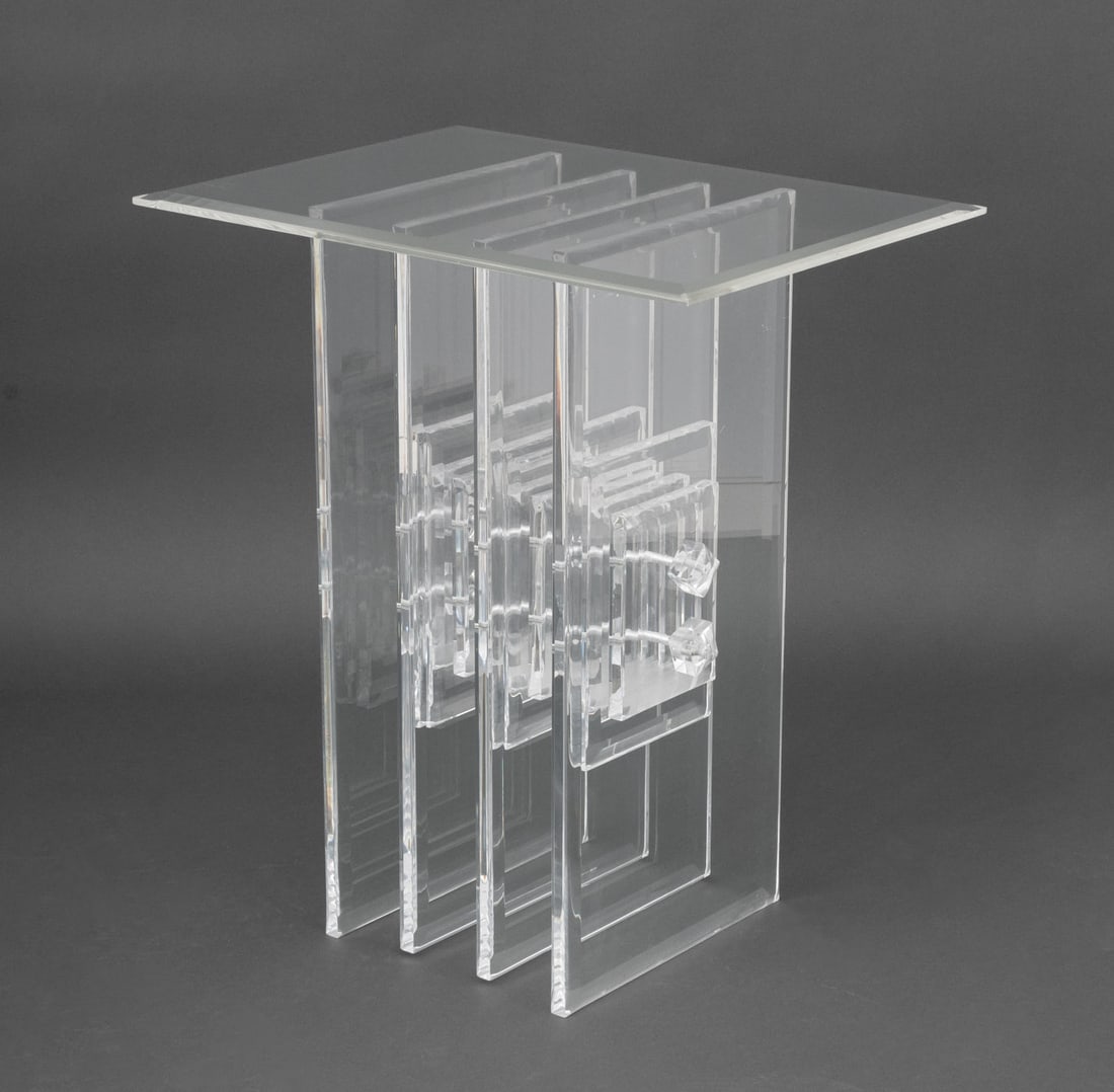 Postmodern Clear Acrylic Console Table: Postmodern Clear Acrylic Console Table, in the Karl Springer manner, with horizontally stacked and conjoined block base and associated beveled top. 29.75" H x 26" W x 19" D. Provenance: From a New Yor