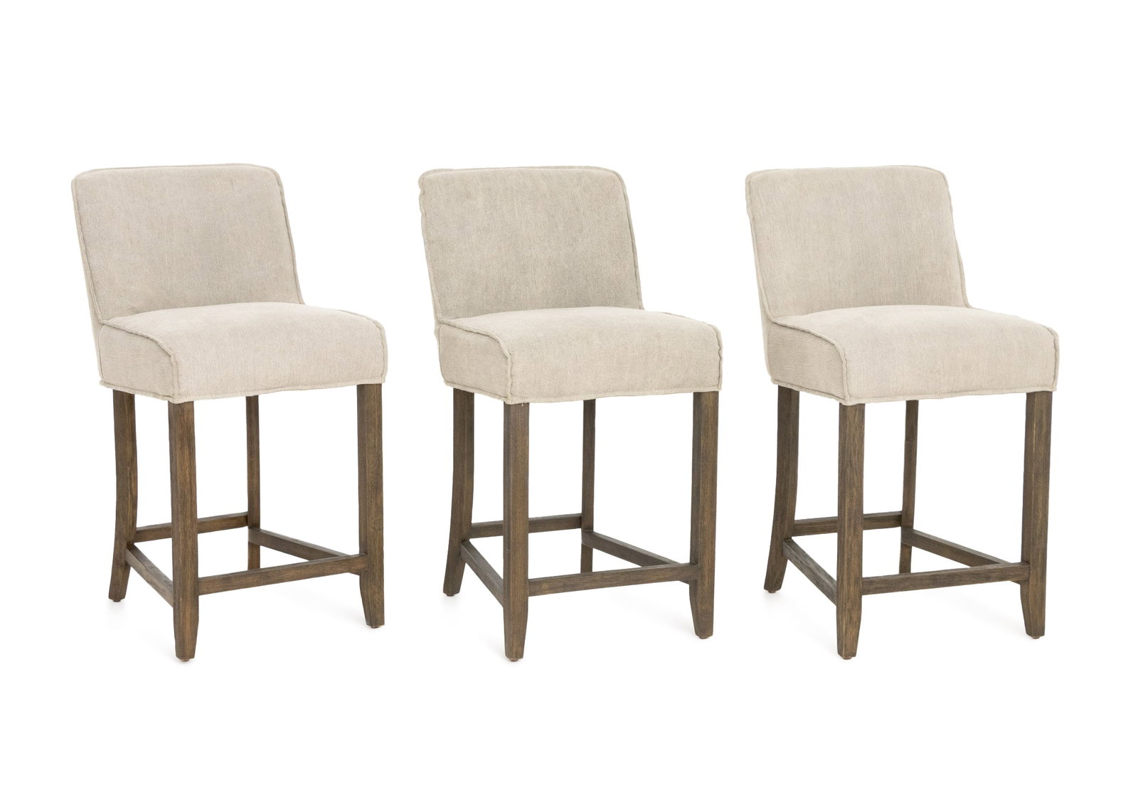 Four Hands "Aria" Upholstered Bar Stools, 3: Set of Three Four Hands "Aria" Upholstered Bar Stools, with gray jute and cotton blend upholstery on wooden frames, labels to undersides. 37" H x 19.25" W x 23" D; seat: 26" H. Provenance: From a