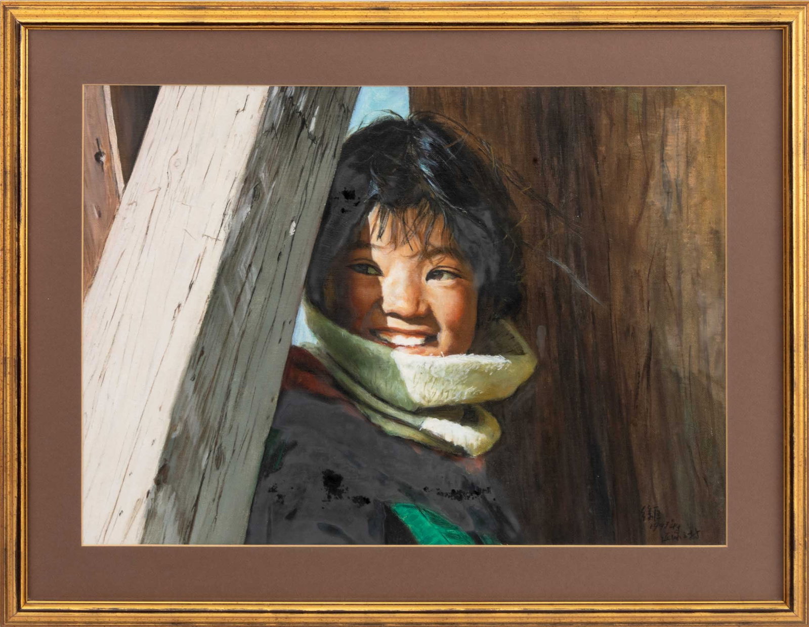 Xu Kuang Portrait of a Girl Oil, 1993: Xu Kuang (Chinese, b. 1938), Portrait of a Girl, Oil on Canvas Board, 1993, signed and dated lower right, giltwood frame. Image: 14" H x 19.75" W; frame: 19.5" H x 25.25" W x 1" D. Provenance: From