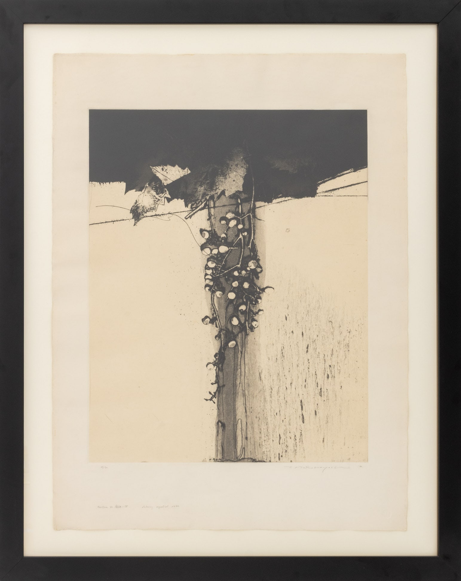 Tadayoshi Nakabayashi "Position" Etching, 1980: Tadayoshi Nakabayashi (Japanese, b. 1937), "Position", Etching and Aquatint, 1980, signed in pencil and dated lower right, numbered edition "44/50" and inscribed lower left, black frame. Image: 22" H