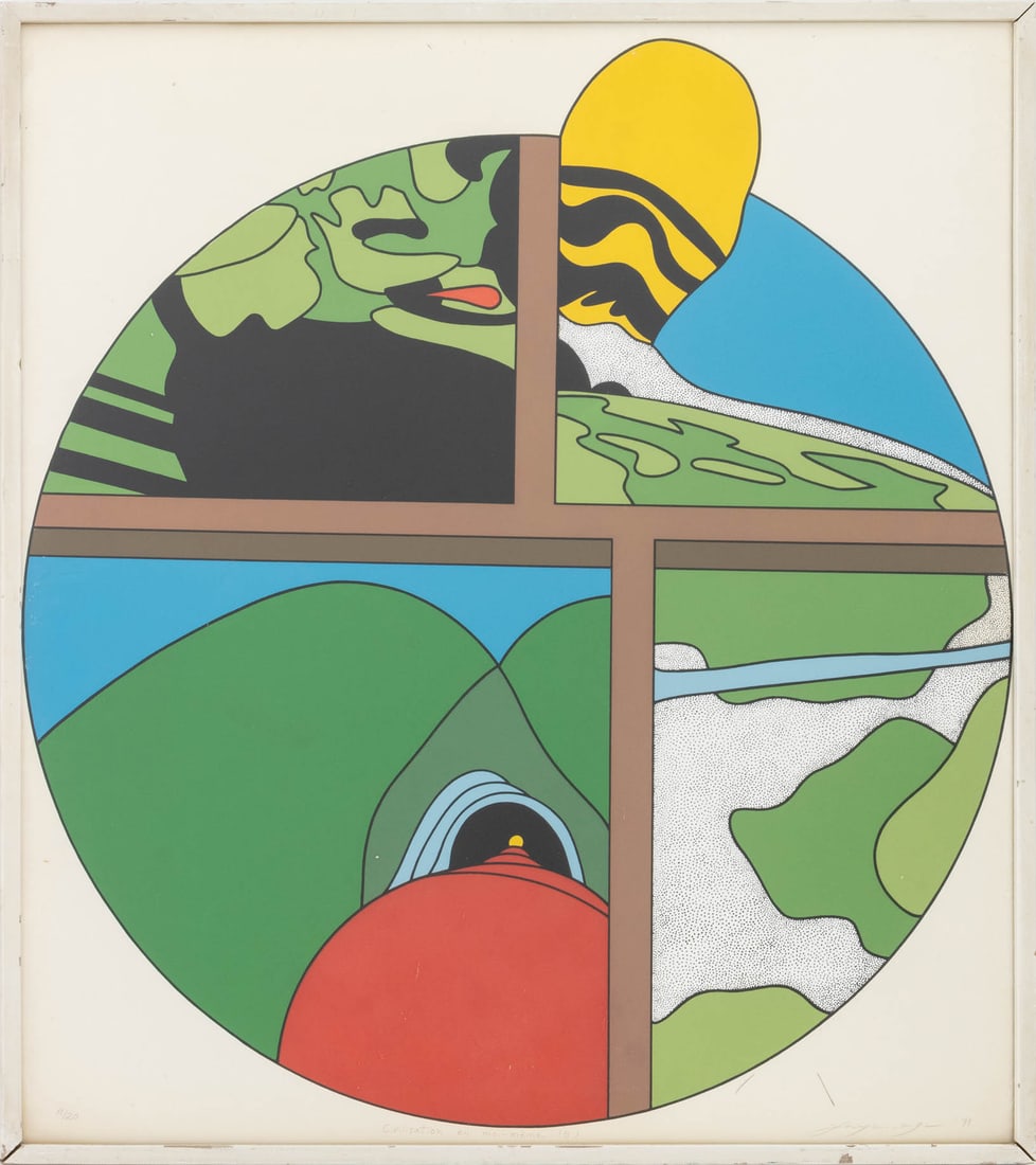 Tsuyoshi Yayanagi "Civilisation en Moi-Meme", 1971: Tsuyoshi Yayanagi (Japanese, b. 1933), "Civilisation en Moi-Meme (B)" [Civilization withing Myself], Screenprint in Colors, 1971, signed in pencil and dated lower right, titled lower center, white