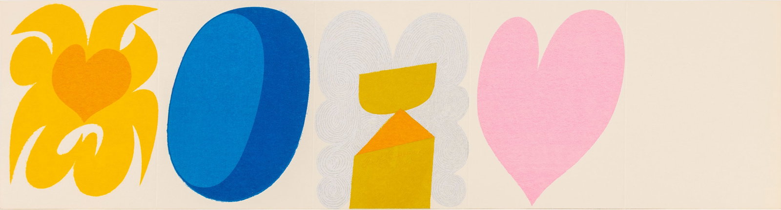 Carol Summers Hearts and Shapes Woodblock Print: Carol Summers (American, 1925-2016), Hearts and Shapes, Woodblock Print on Cardstock, signed in print to center, unframed. 30" L x 8" W. Provenance: From a Chelsea Townhouse. Keywords: Prints,
