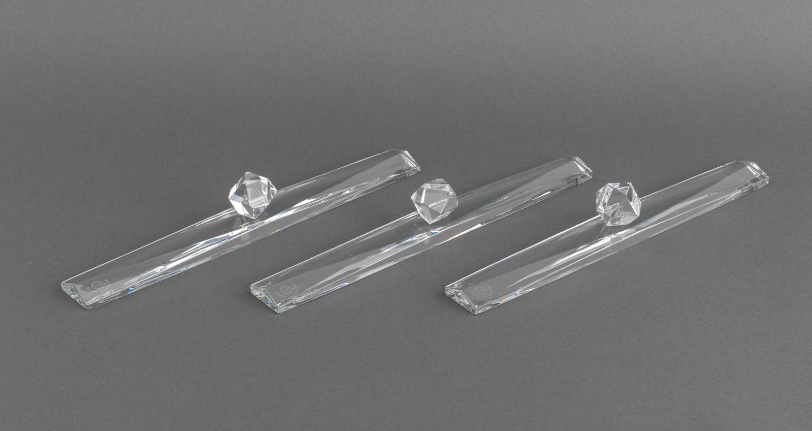 Saint-Louis Crystal "Diamant" Rulers, 3: Set of Three Saint-Louis Crystal "Diamant" Pattern Rulers, two with original boxes. Each: 2" H x 13" L x 1.5" W. Provenance: From an East 79th Street Estate. Keywords: French cristal, Designer,