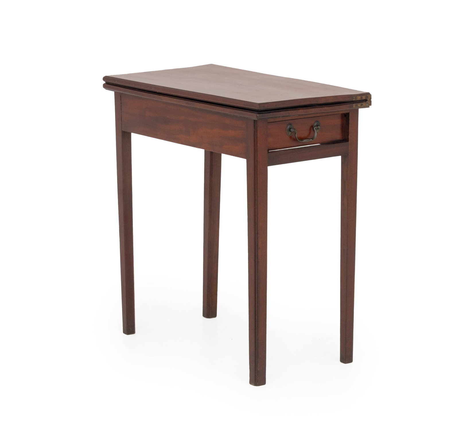 George III Mahogany Fold-Over Gate Leg Table: George III Mahogany Fold-Over Gate Leg Table, with single drawer. Open: 27" H x 28" W x 26" D; closed: 27.5" H x 14" W x 26.25" D. Provenance: From a 45 East 62nd Street Collection. Keywords: Antique 