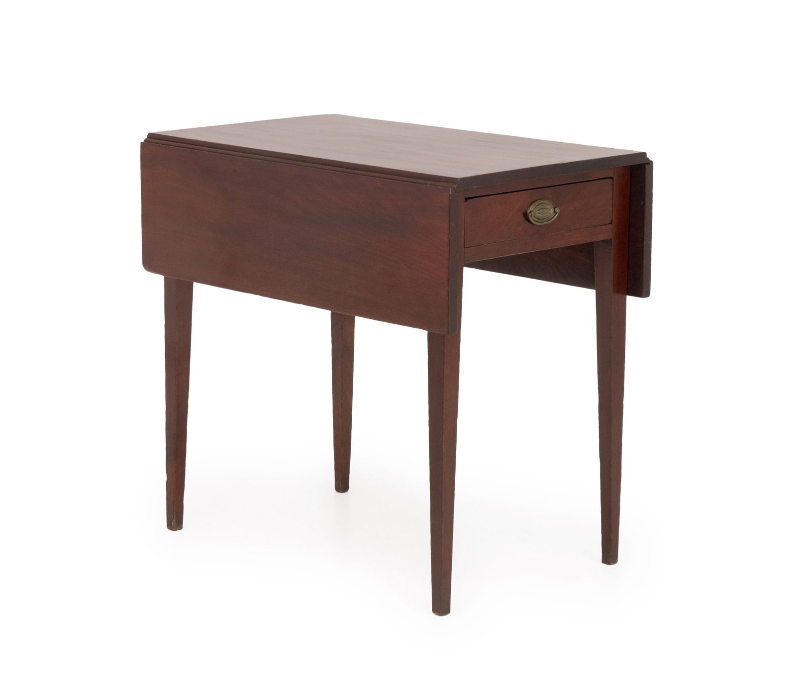 George III Mahogany Pembroke Table: George III Mahogany Pembroke Table, with single drawer. Open: 28.75" H x 36.5" W x 31" D; closed: 28.75" H x 19.25" W x 31" D. Provenance: From a 45 East 62nd Street Collection. Keywords: Antique Furn