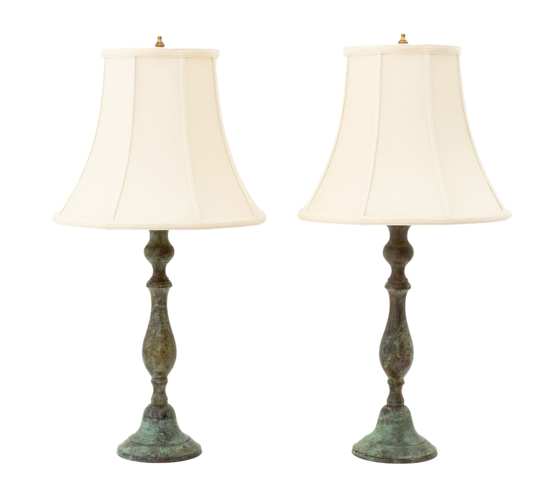Modern Verdigris Bronzed Table Lamps, Pair: Pair of Modern Verdigris Bronzed Table Lamps, each with white silk bell shaped shade. Each overall: 28" H x 14" Diameter. Provenance: From an Upper East Side Estate. Keywords: Lighting, Accent lamps, 