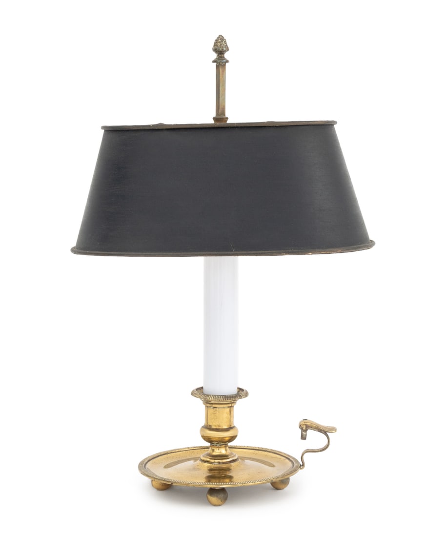 English Brass Bouillotte Lamp: English Brass Bouillotte Lamp, with two bulb fittings and black paper shade, marked "Goldsmiths & Silversmiths Company / 112 Regent St.". 17" H x 10.75" W x 6" D. Provenance: From a New York City Coll
