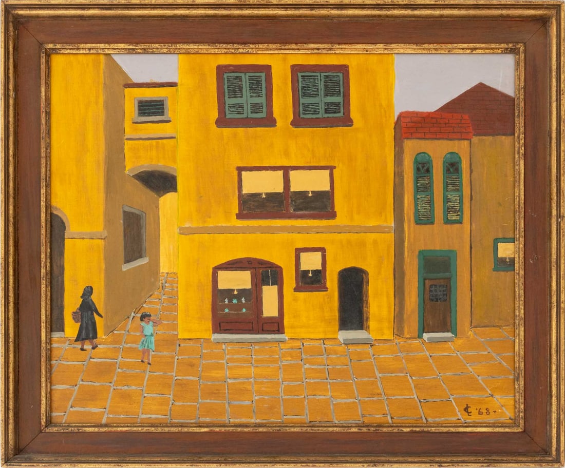Signed Yellow Buildings Oil on Board, 1968: 20th Century School, Yellow Buildings, Oil on Board, 1968, initialed "CL" and dated lower right, wood frame. Image: 15.5" H x 19.5" W; frame: 19.25" H x 13.25" W x 1.25" D. Provenance: A Brooklyn Heig