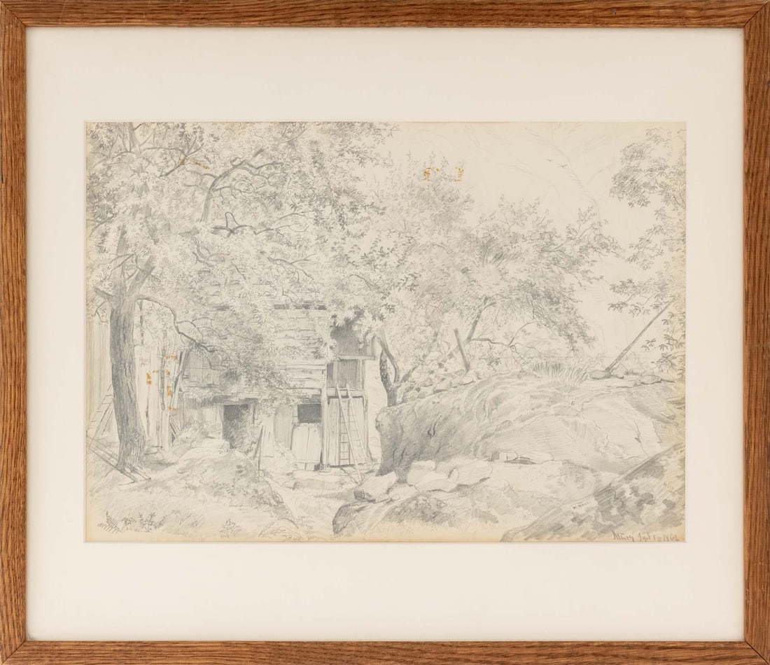 Illegibly Signed Secret Hideout Pencil, 1962: 20th Century School, Secret Hideout, Pencil on Paper, 1962, illegibly signed and dated lower right, wood frame. Image: 9" H x 13" W; frame: 14.5" H x 16.75" W x 0.75" D. Provenance: From a New York Ci