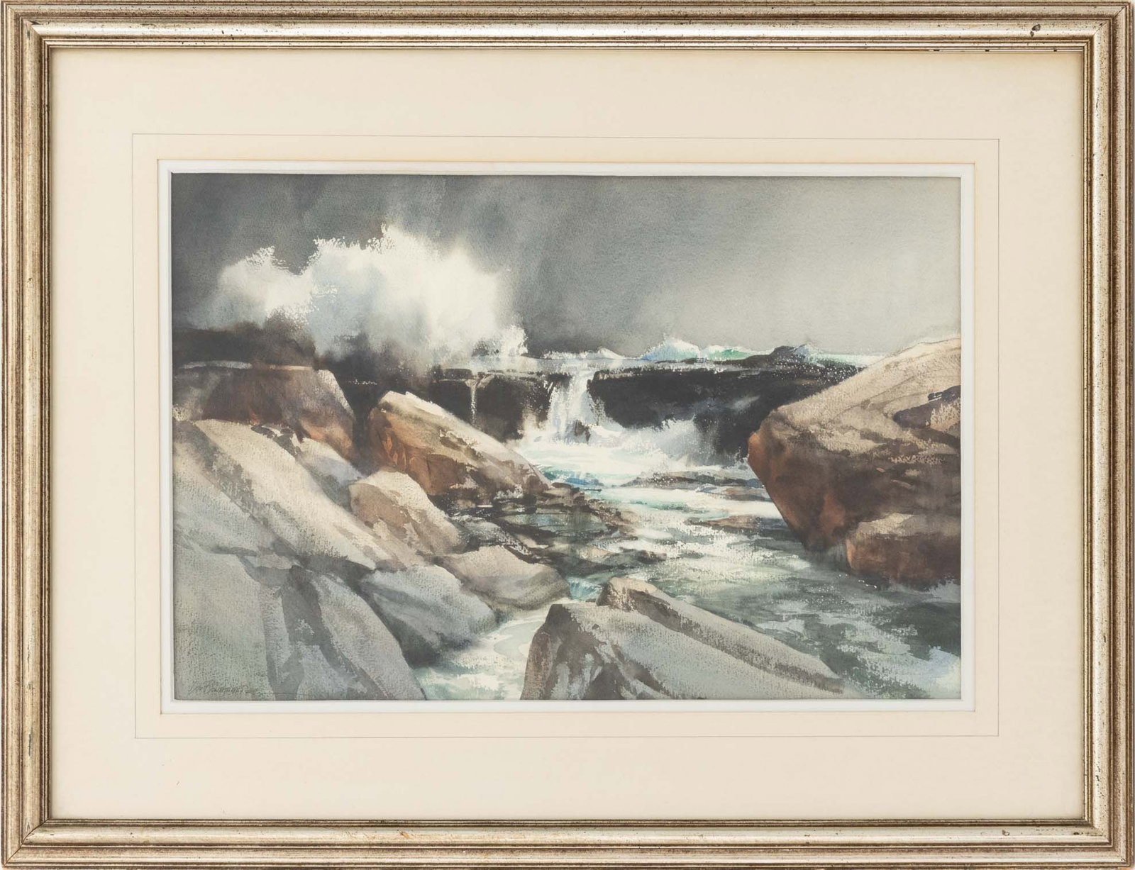 Lou Bonamarte "Approaching Storm", 1976: Lou Bonamarte (American, b. 1933), "Approaching Storm - Gloucester, Mass.", Watercolor on Paper, 1976, signed lower left, titled and dated verso, silvered wood frame. Image: 16" H x 24" W; frame: