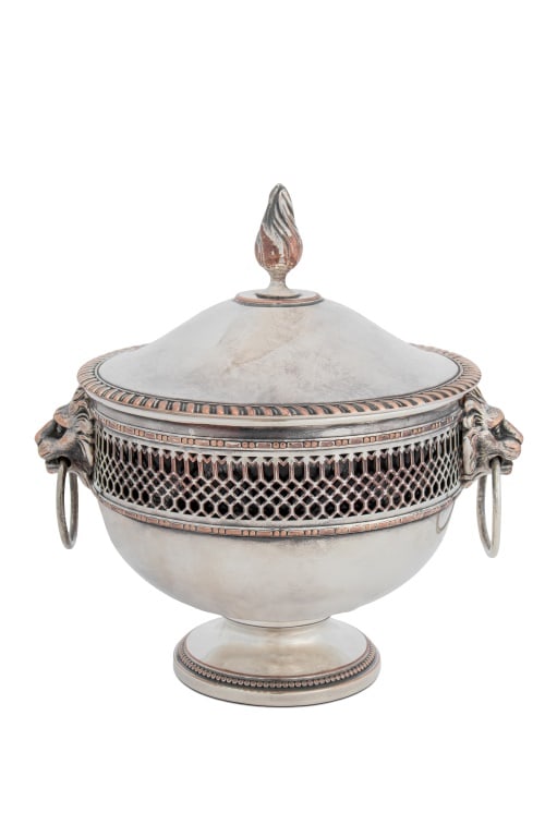 Cobalt Blue Glass & Silver Plate Lidded Sugar Bowl: Cobalt Blue Glass and Silver Plate Lidded Sugar Bowl with reticulated body, lion head handles and a flame finial, the lid with gadrooned edge, the base with beaded edge. 6" H x 5.75" Diameter.
