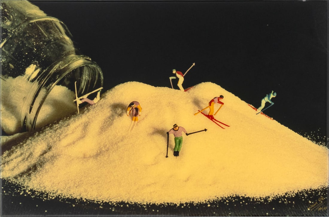 Willy Rojas Sugar Skiing Chromogenic Print: Willy Rojas (Colombian, XX), Sugar Skiing, Chromogenic Print in Colors, signed and numbered edition "136 / 150" lower right, mounted on metal board under acrylic. 15.75" H x 23.5" W. Provenance: From