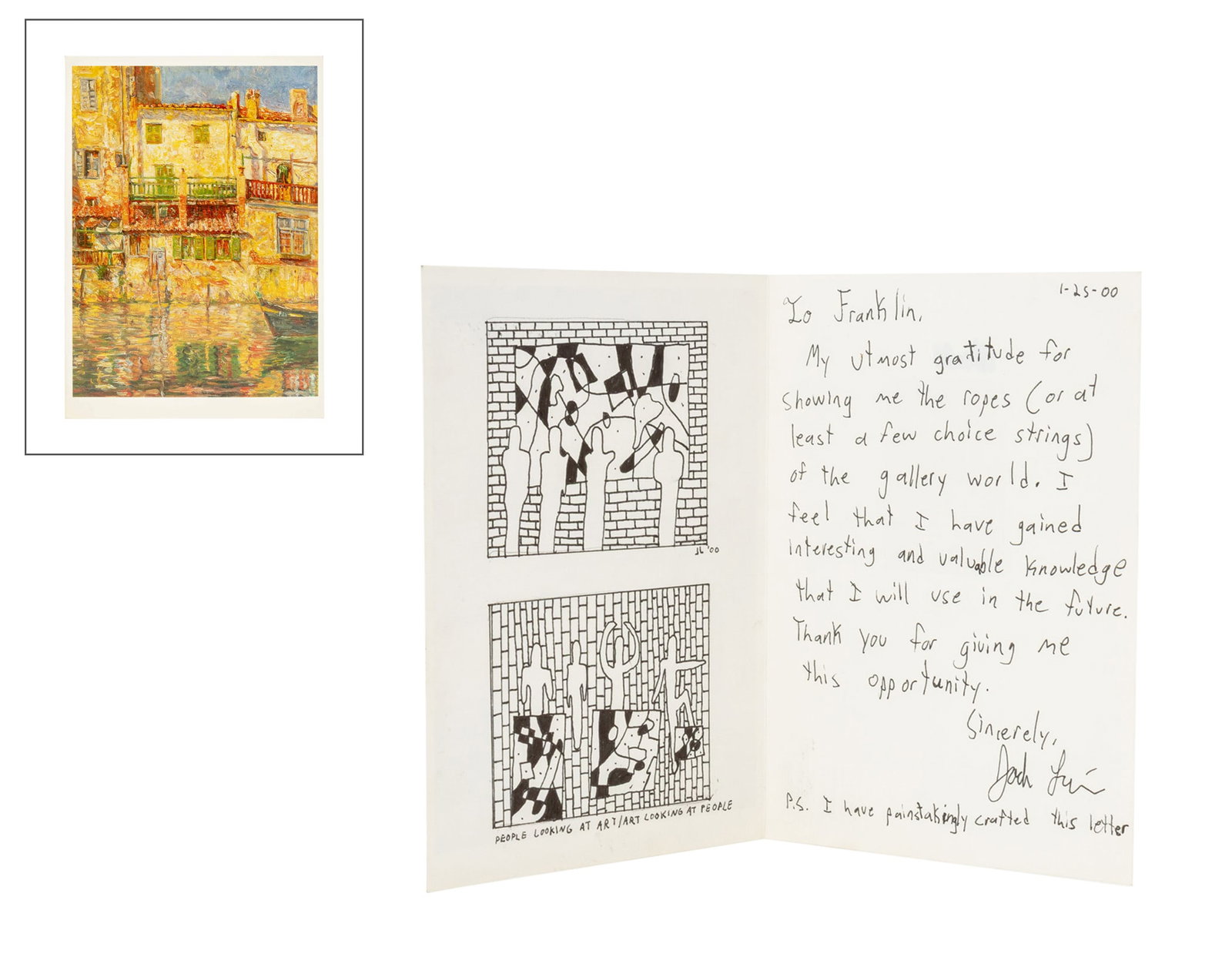 Jack Liu "People Looking at Art / Art Looking ...": Jack Liu (b. 1962), "People Looking at Art / Art Looking at People", Ink on Cardstock, 2000, signed "JL" and dated 1-25-00, with hand-written note reading "To Franklin, My utmost gratitude for