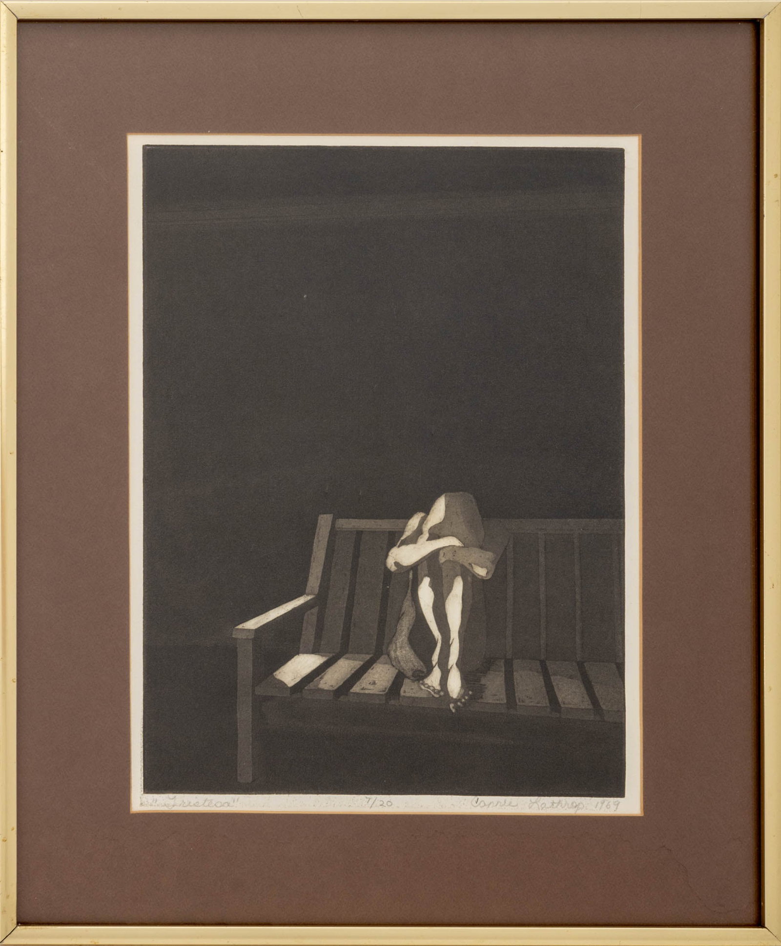 Connie Lathrop "Tristesa" Aquatint, 1969: Connie Lathrop (XX), "Tristesa", Aquatint, 1969, signed in pencil and dated lower right, titled lower left, and numbered edition "7/20" lower center, Sheridan Gallery stamp verso, silver-tone metal