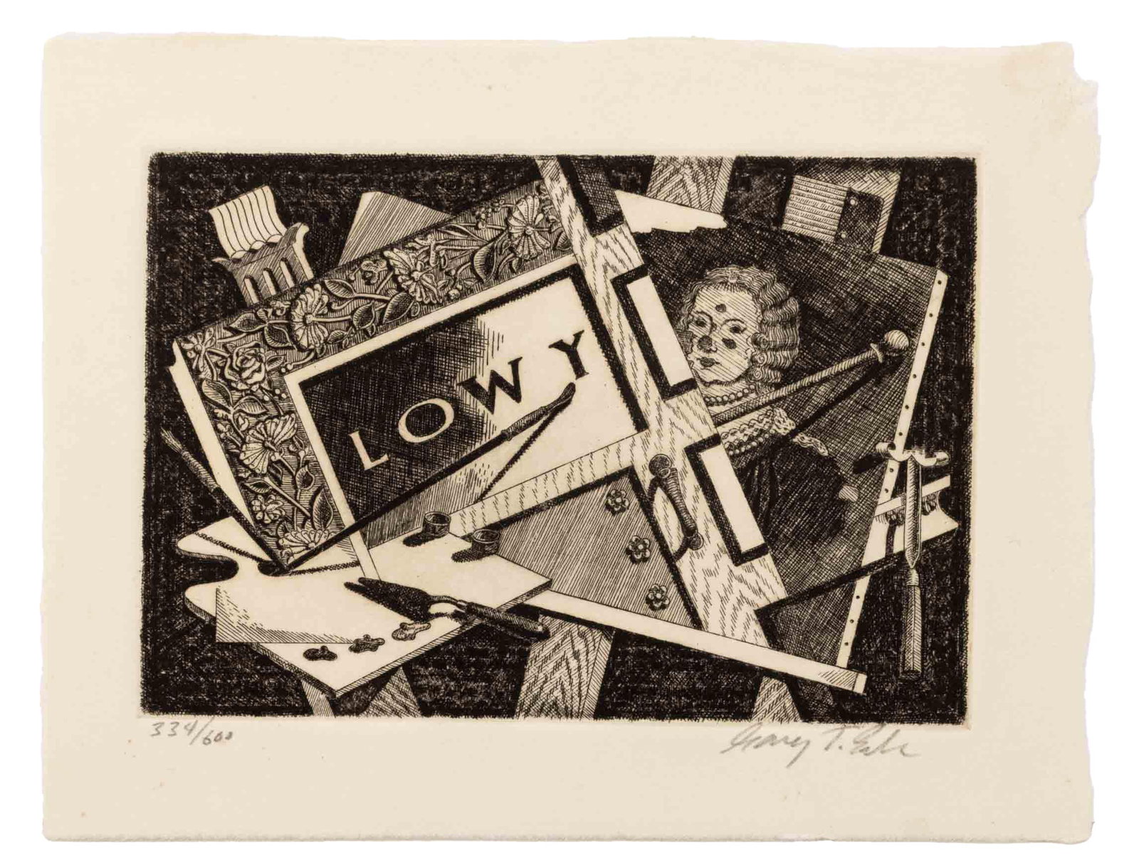 Gary T. Erbe "Lowy" Etching: Gary T. Erbe (American, b. 1944), "Lowy", Etching, signed in pencil lower right, numbered edition "334/600" lower left, in linen portfolio. Image: 4.25" H x 6.25" W; sheet: 6" H x 7.75" W; portfolio: