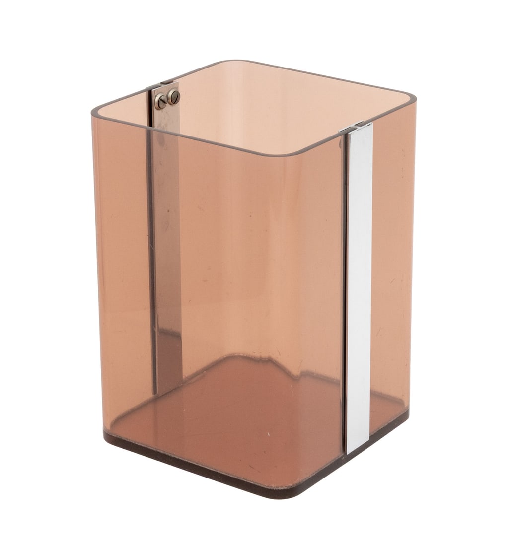 Michel Dumas for Roche Bobois Cubic Bin: Michel Dumas for Roche Bobois Cubic Bin, smoked Plexiglas and chrome accents. 10.25" H x 7.25" W x 7.25" D. Provenance: From the Estate of Gerard Stora, Vice President of Wildenstein Gallery.