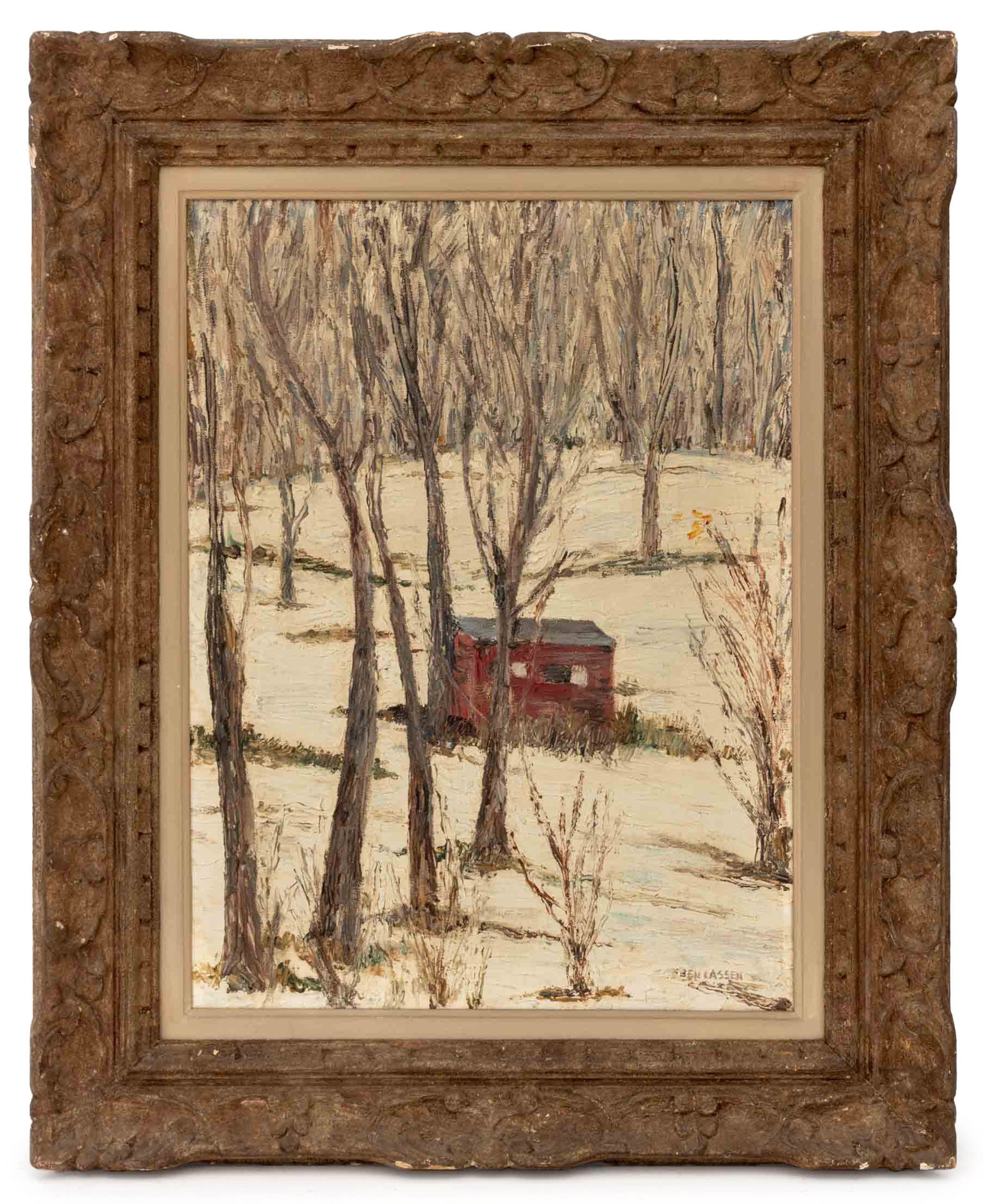 Ben Lassen "The Red Shed" Oil on Canvas: Benjamin Lassen (American, 1904-1968), "The Red Shed", Oil on Canvas, signed in red "Ben Lassen" lower right, Alfredo Valente Gallery label verso, House of Heydenryk frame. Image: 23.5" H x 17.5" W; f