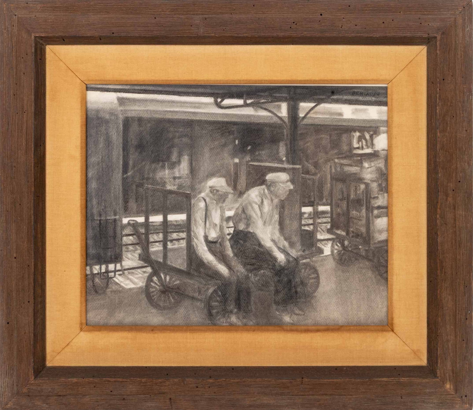 Ben Lassen Railroad Workers Charcoal on Paper: Benjamin Lassen (American, 1904-1968), Railroad Workers, Charcoal on Paper, signed upper right, wood frame. Image: 15.5" H x 19.25" W; frame: 26.25" H x 30.25" W x 1.25" D. Provenance: A Brooklyn