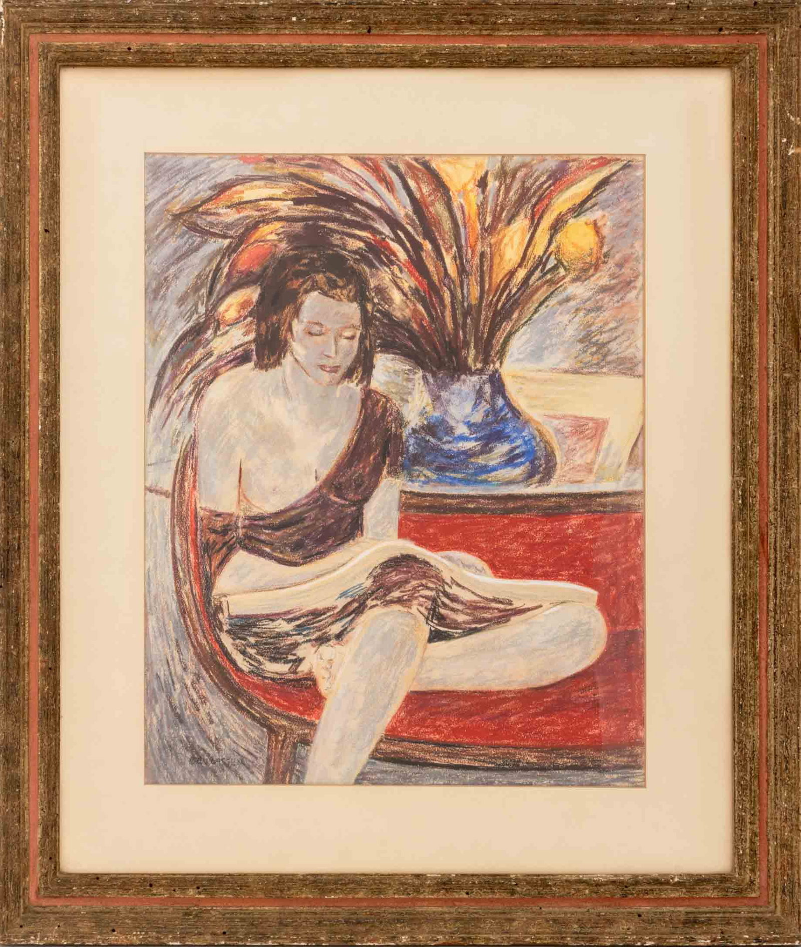 Ben Lassen Woman Amongst an Interior Scene Pastel: Benjamin Lassen (American, 1904-1968), Woman Seated Amongst an Interior Scene, Pastel on Paper, signed "Ben Lassen" lower left, House of Heydenryk frame. Image: 20" H x 15.5" W; frame: 29.75" H x