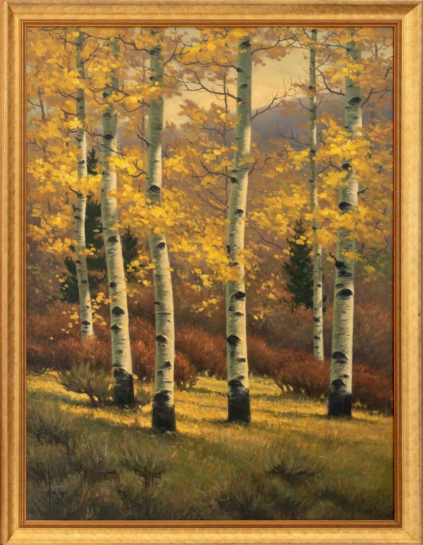 Robert Harper Autumn Birch Trees Oil on Board: Robert Harper (American, b. 1957), Autumn Birch Trees, Oil on Board, signed lower left, giltwood frame. Image: 39.5" H x 29.5" W; frame: 43.75" H x 34" W x 1.5" D. Provenance: From an Upper East Side