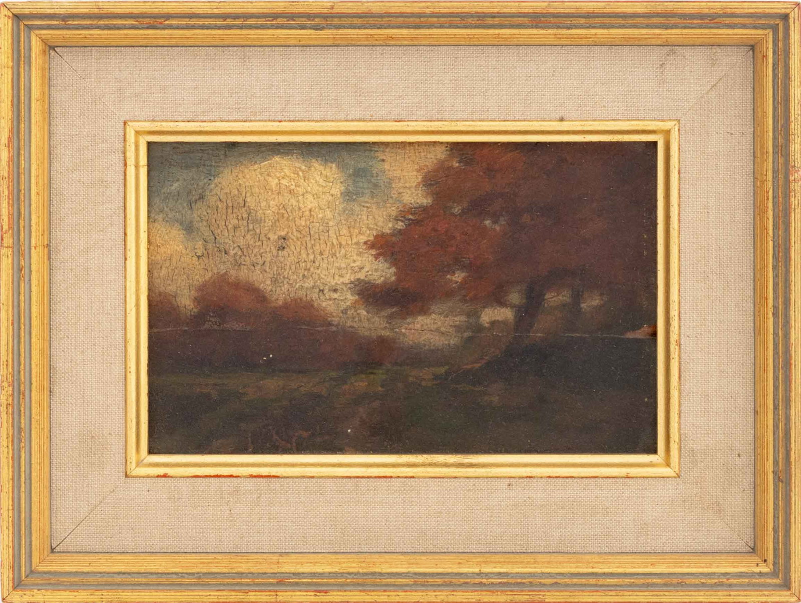 American School Autumn Trees Oil, ca. 1900: American School, Autumn Trees, Oil on Panel, circa 1900, giltwood frame. Image: 3.25" H x 5.5" W; frame: 6.5" H x 8.5" W x 1" D. Provenance: From a Tribeca Estate. Keywords: Paintings, Works on