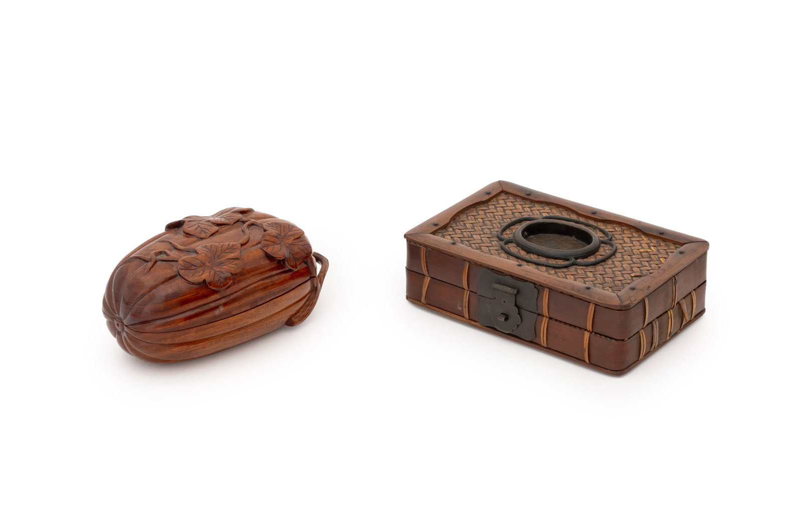 Chinese Covered Boxes, 2: Two Chinese Covered Boxes, a carved hongmu gourd form box and a brass mounted woven rattan and bent bamboo hinged box. Larger: 2.25" H x 7" W x 4.75" D. Provenance: From a New York City Collection. Ke