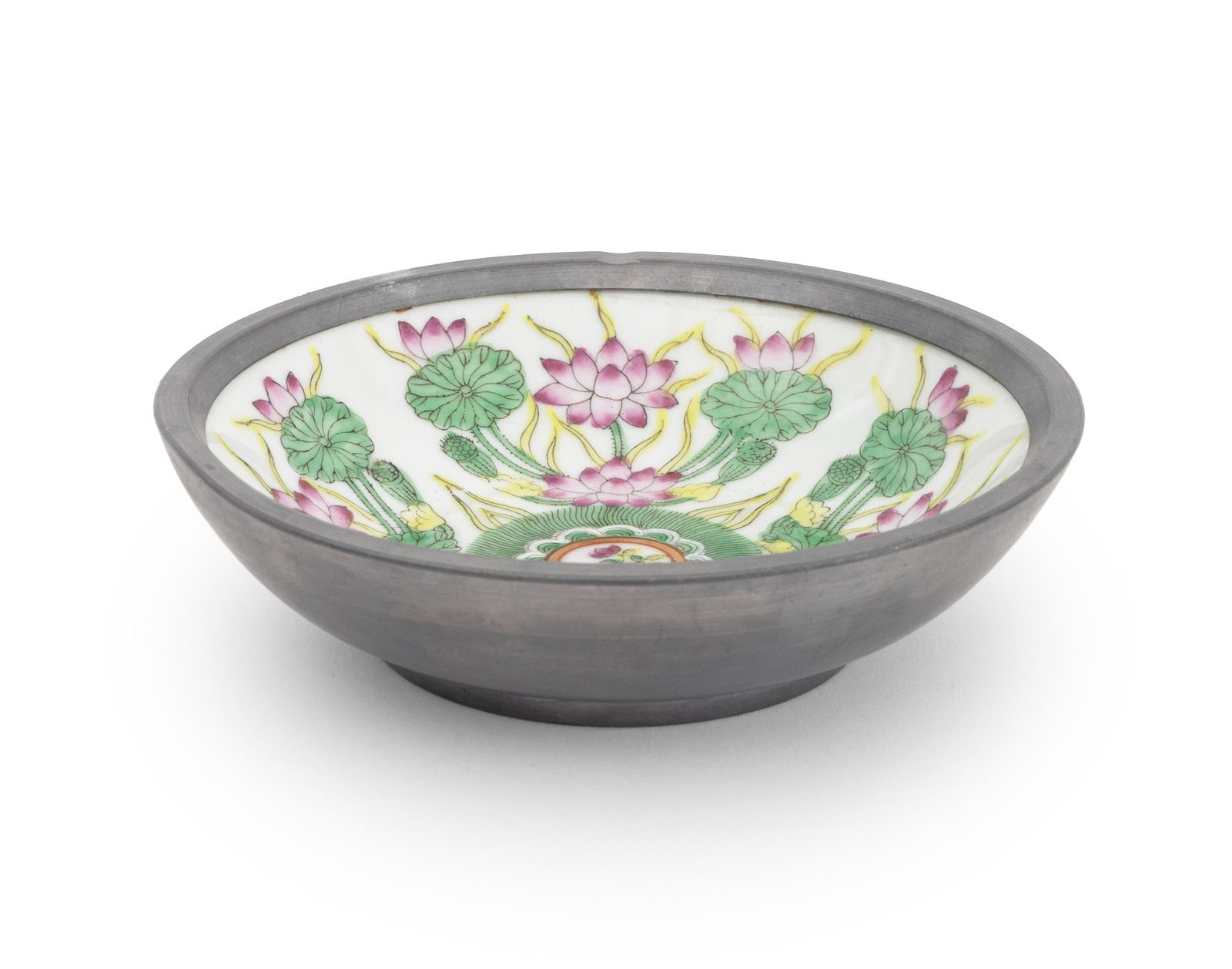 Chinese Pewter Mounted Famille Rose Porcelain Bowl: Chinese Pewter Mounted Famille Rose Porcelain Bowl, with floral decorated interior, marked "ACF / Decorated in Hong Kong" to underside. 1.5" H x 6" Diameter. Provenance: The Morningside Heights