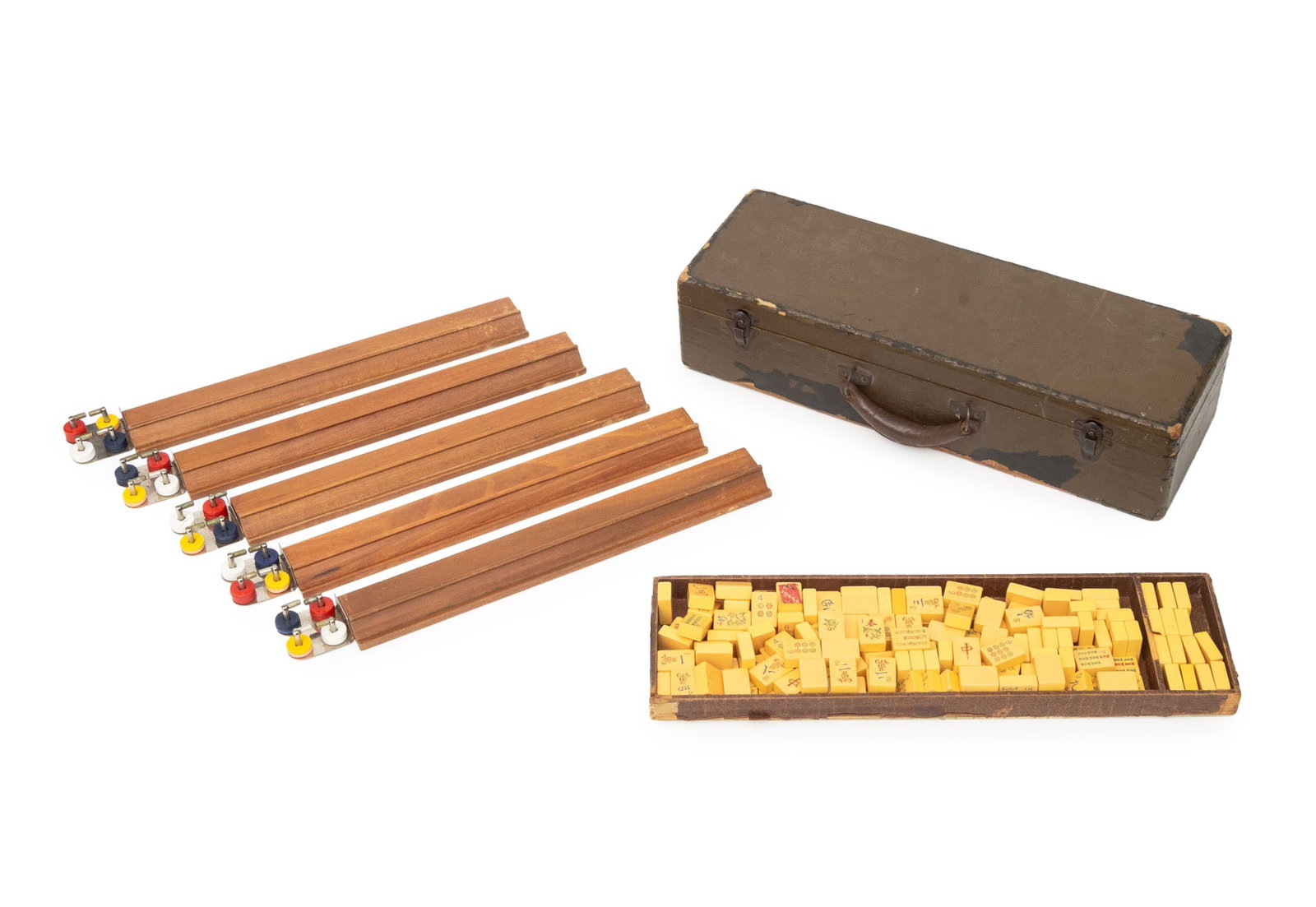 Vintage Mahjong Set in Case: Vintage Mahjong Set in Crocodile Embossed Case, with resin game pieces and five wood stand. Case closed: 4.75" H x 19.75" W x 7.25" D. Provenance: From a New York City Collection. Keywords: Mahjongg,