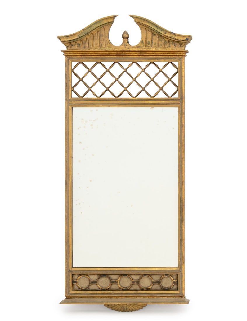 Neoclassical Style Giltwood Mirror, 19th C.: Neoclassical Style Giltwood Framed Mirror, 19th century, with lattice crest and floral crest. Mirror plate: 23.25" H x 15.25" W; frame: 43" H x 19.5" W x 3" D. Provenance: From a Forest Hills Gardens 