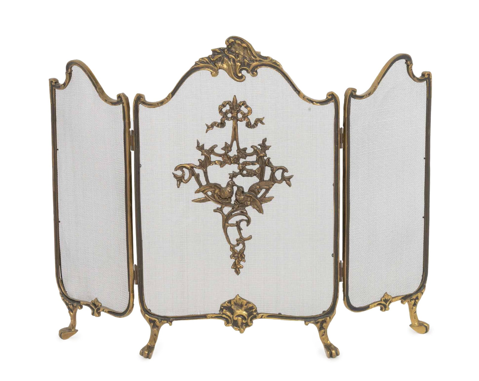 Louis XV Style Brass Tri-Fold Firescreen: Louis XV Style Brass Tri-Fold Firescreen, with foliate with floral and bird ribbon crest on four paw feet. 30.25" H x 36" W. Provenance: From a West End Avenue Collection. Keywords: Vintage, Rococo St